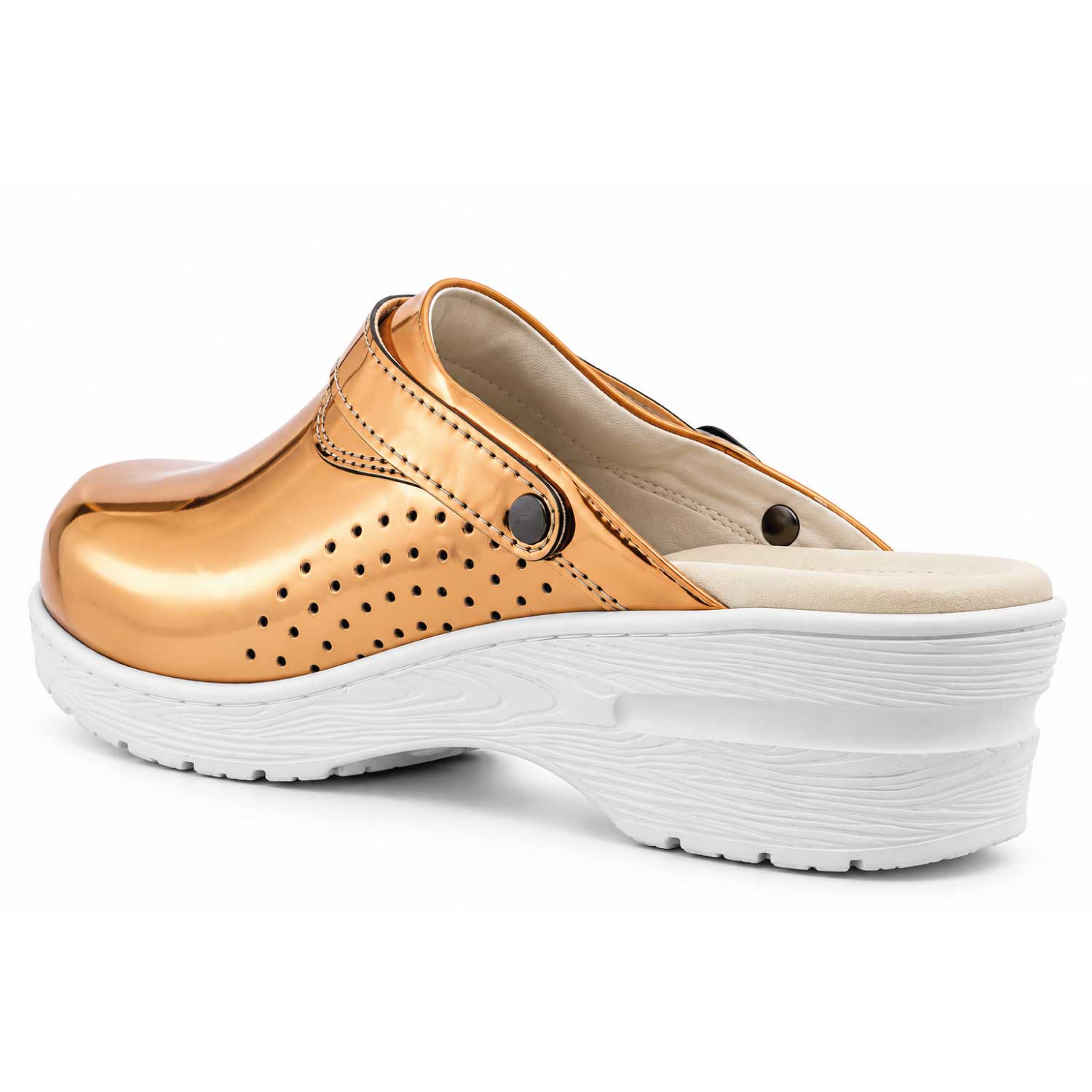 Metallic rose gold nursing clogs with a white slip-resistant sole, designed for healthcare professionals working long 12-hour shifts.