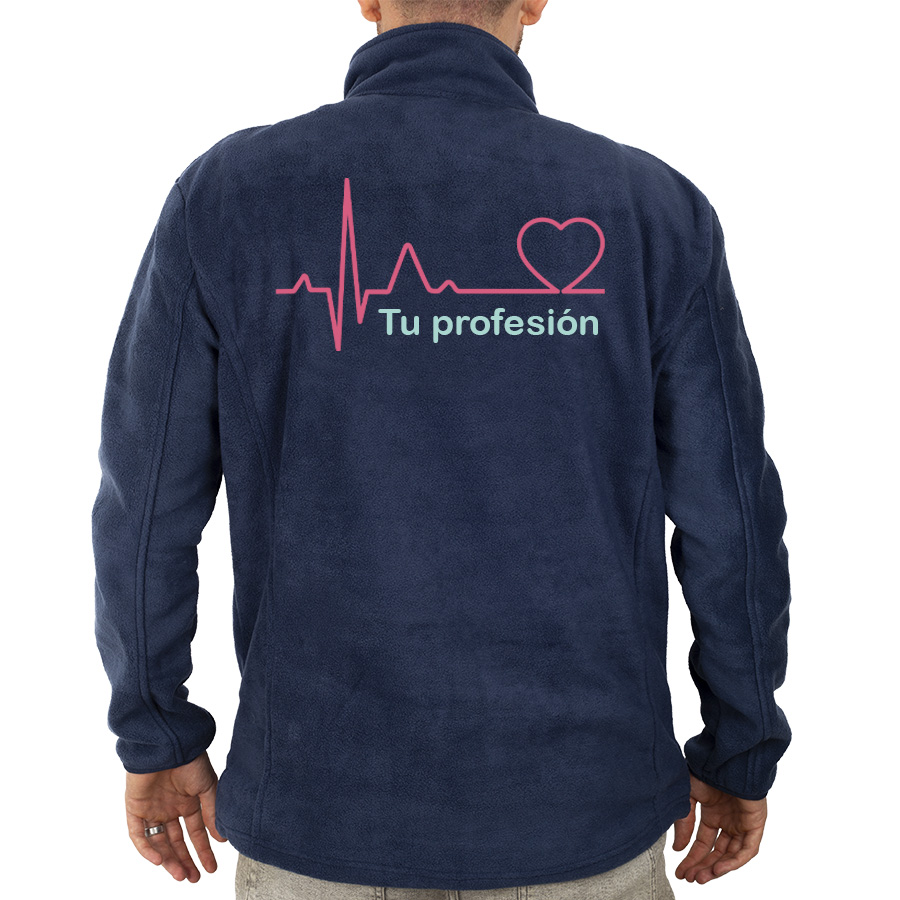Chaqueta polar azul marino para personal sanitario, con gráfico de latidos de color rosa y texto "Tu profesión", ideal para clínicas u hospitales.