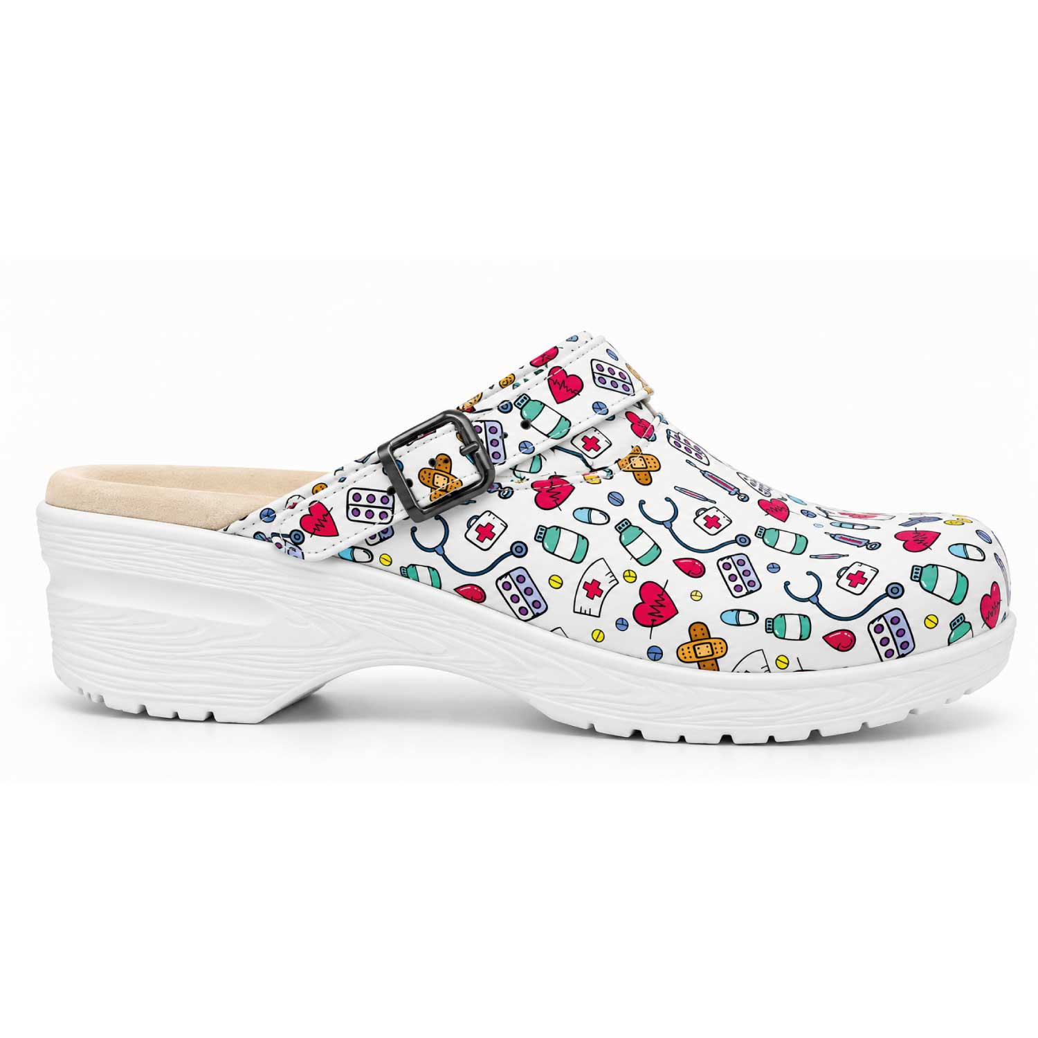 White nursing clogs with colorful medical pattern, featuring an adjustable strap and ergonomic sole for comfort during long hospital shifts.