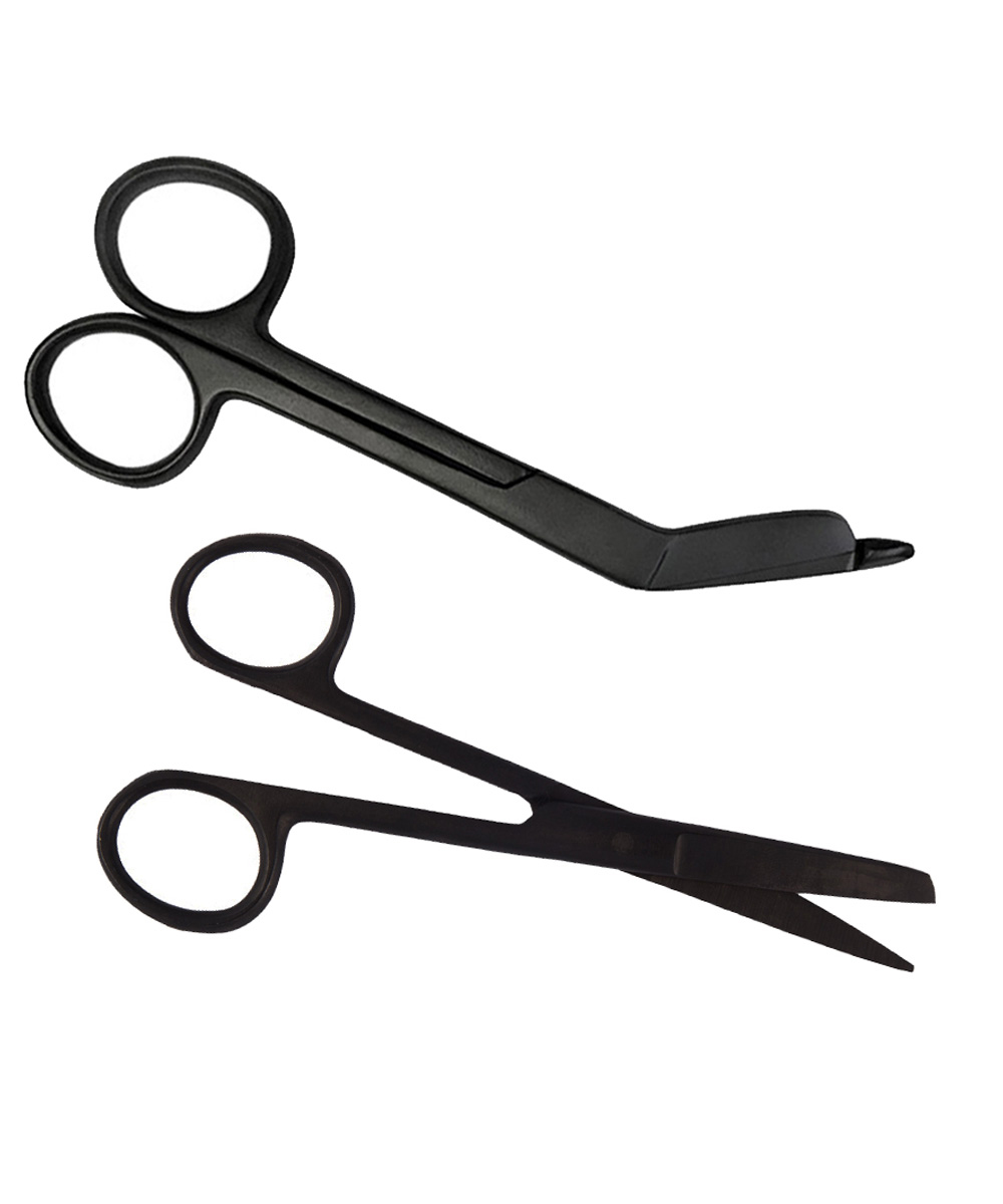 Zwarte medische schaarset voor verpleegkundigen, bestaande uit een verbandschaar en een hulpschaar, ideaal voor ziekenhuizen.
