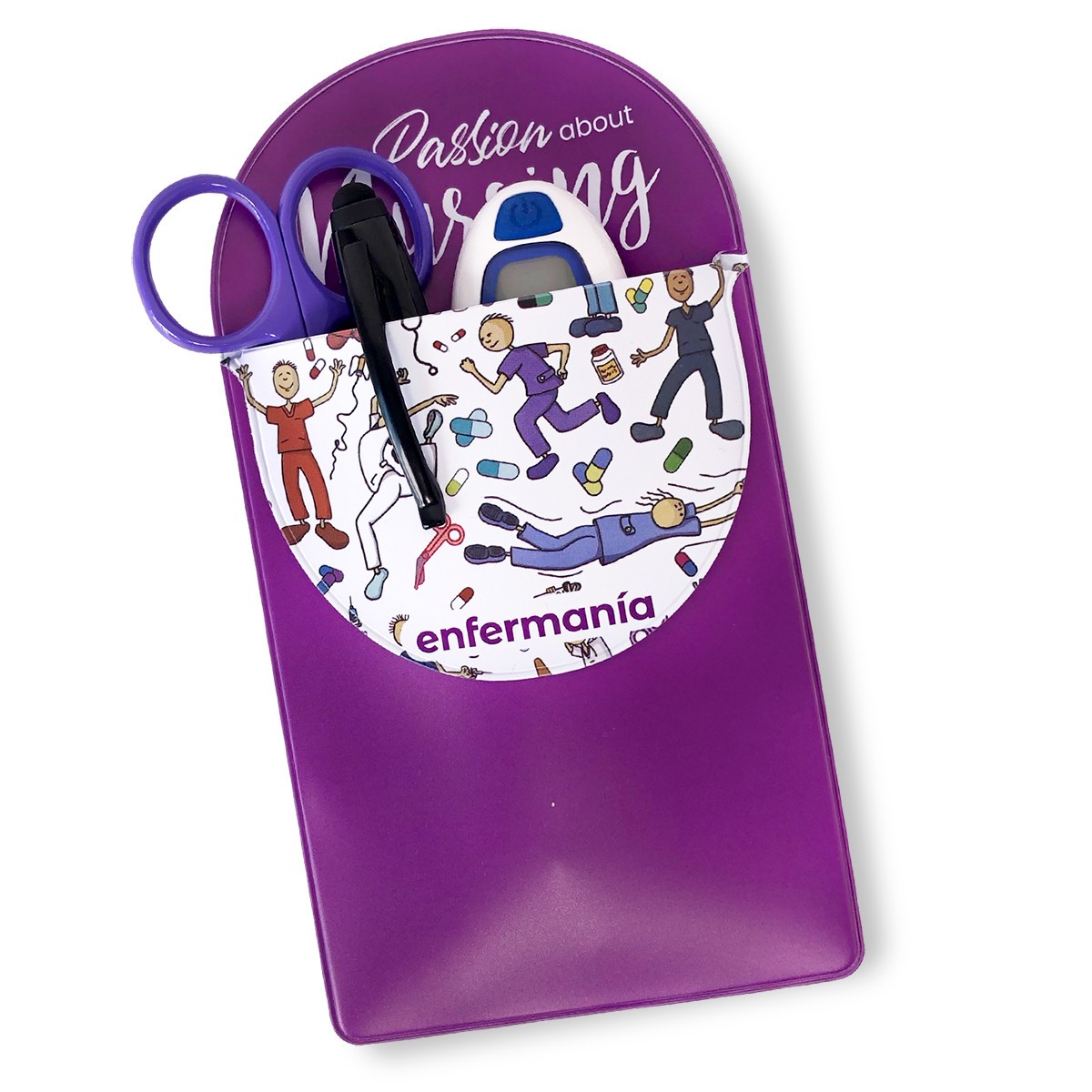 Purple nurse pocket organizer with an Enfermania print, featuring a place for pens, scissors, and a thermometer for healthcare professionals.