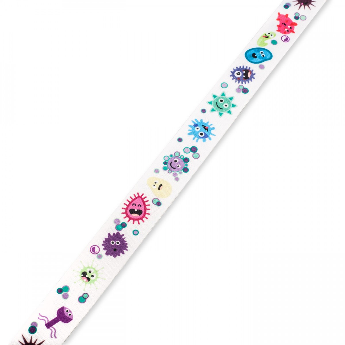 Colorful white lanyard featuring cartoon germs, ideal for nurses and healthcare workers.
