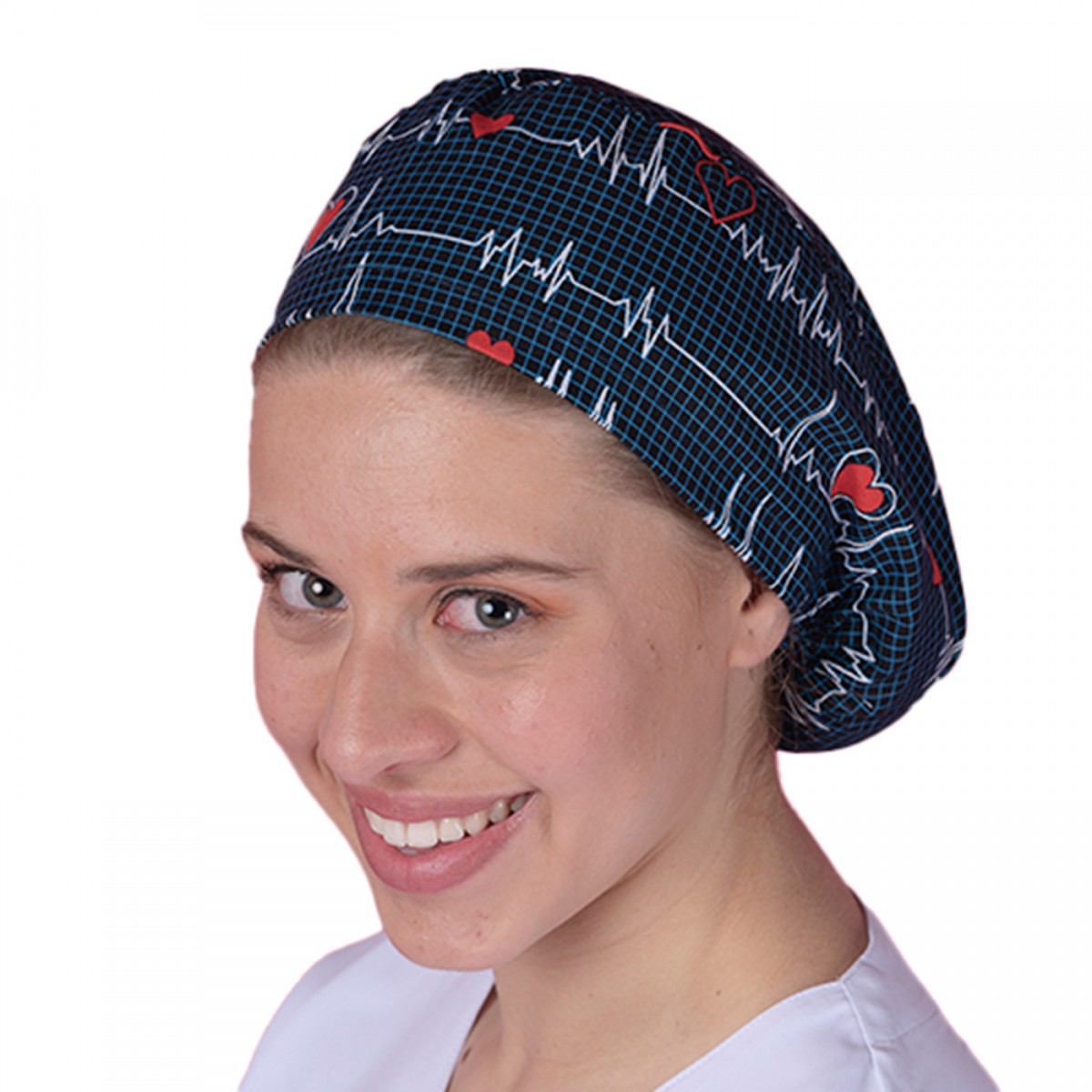 Marineblaue OP-Haube mit Herzschlägen für Krankenschwestern. Bequemer und sicherer Sitz, ideal für lange Schichten in Krankenhäusern oder Kliniken und sorgt dafür, dass die Haare ordentlich verstaut sind.