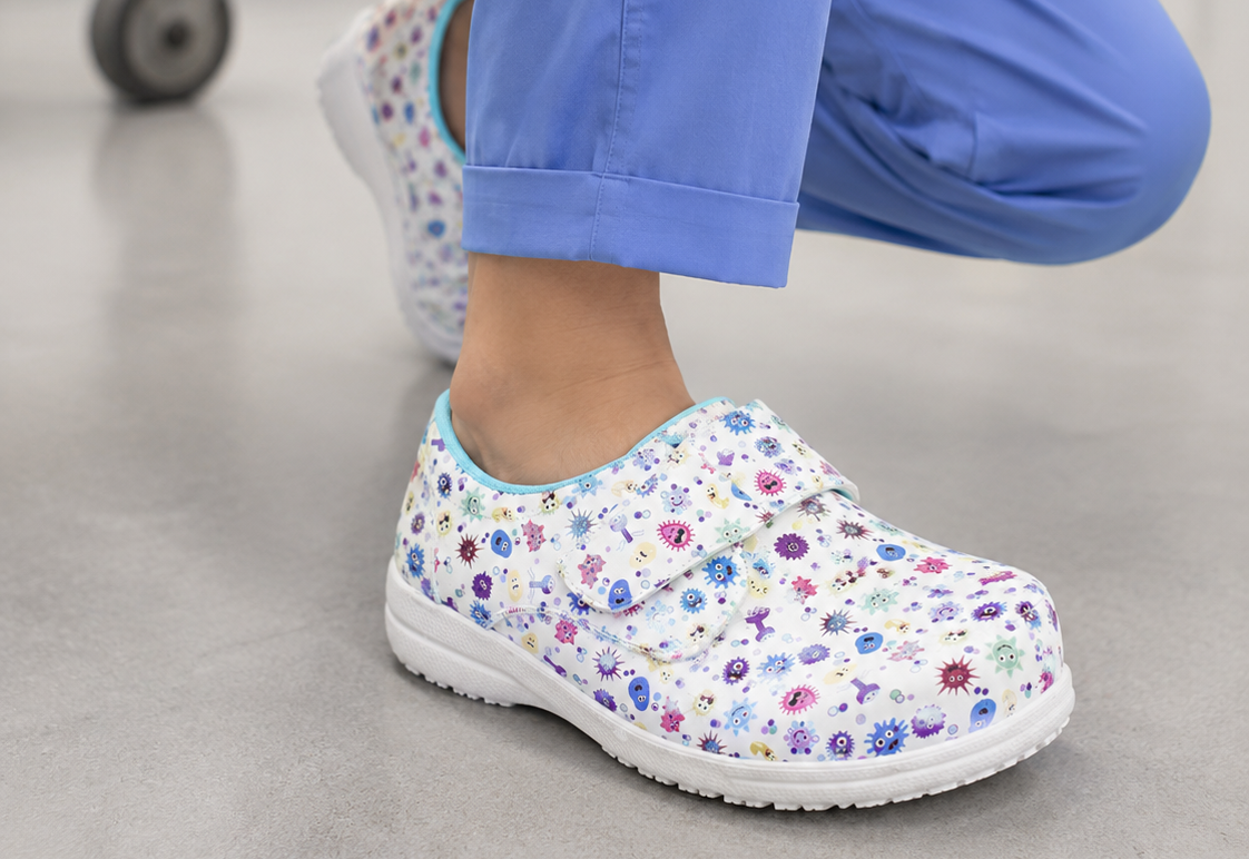 Bunte Blumen-Clogs für Krankenschwestern mit rutschfester Sohle und leicht zu reinigendem Material.