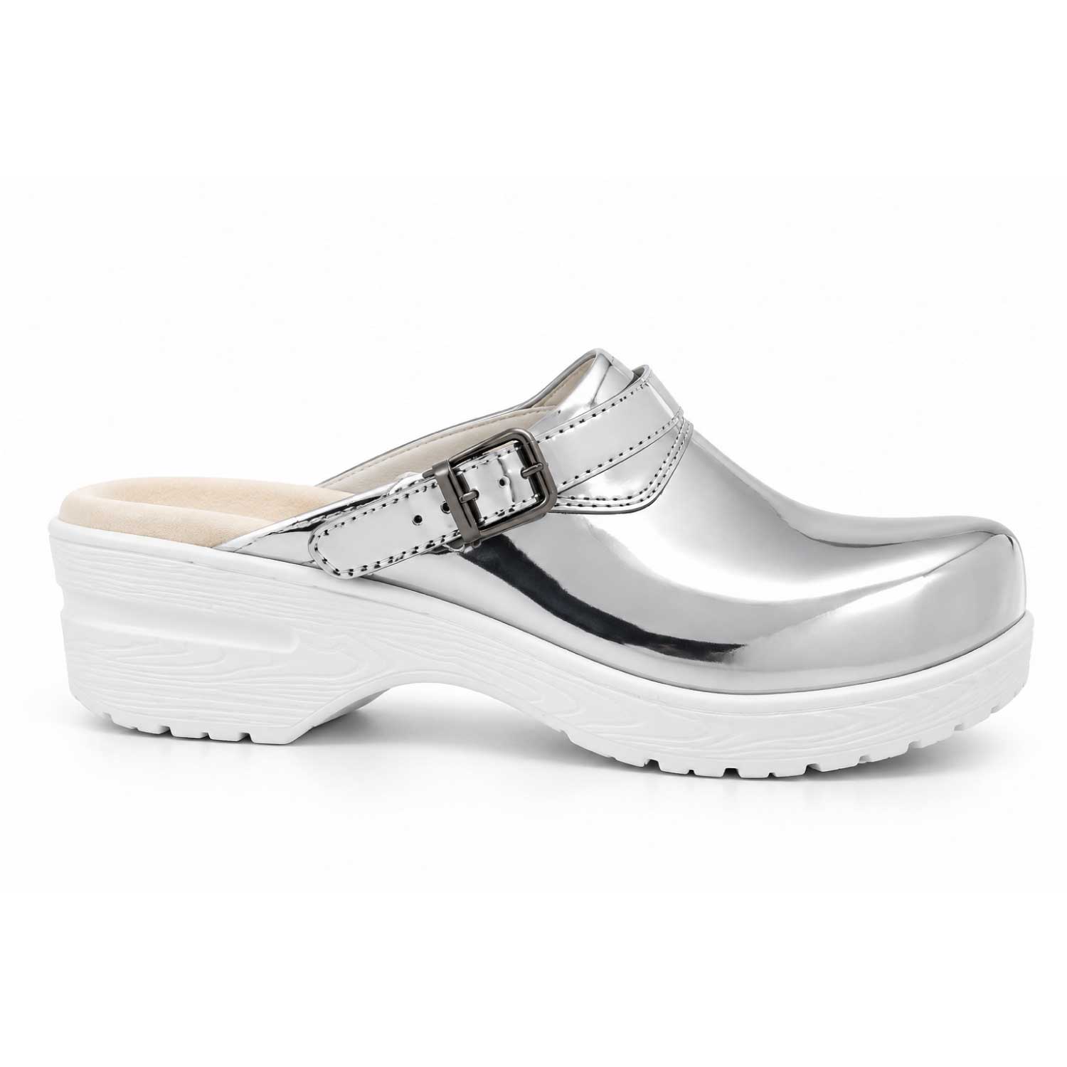 Silver metallic nursing clogs with a white slip-resistant sole, designed for healthcare professionals to provide comfort during long shifts.