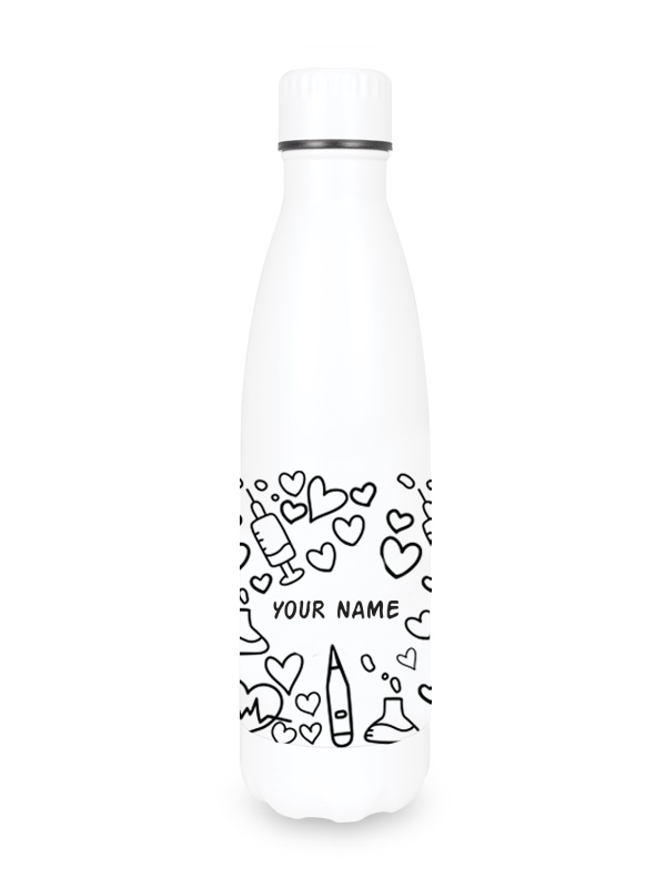 White reusable water bottle for nurses featuring black medical icons and hearts, perfect for staying hydrated during long hospital shifts.