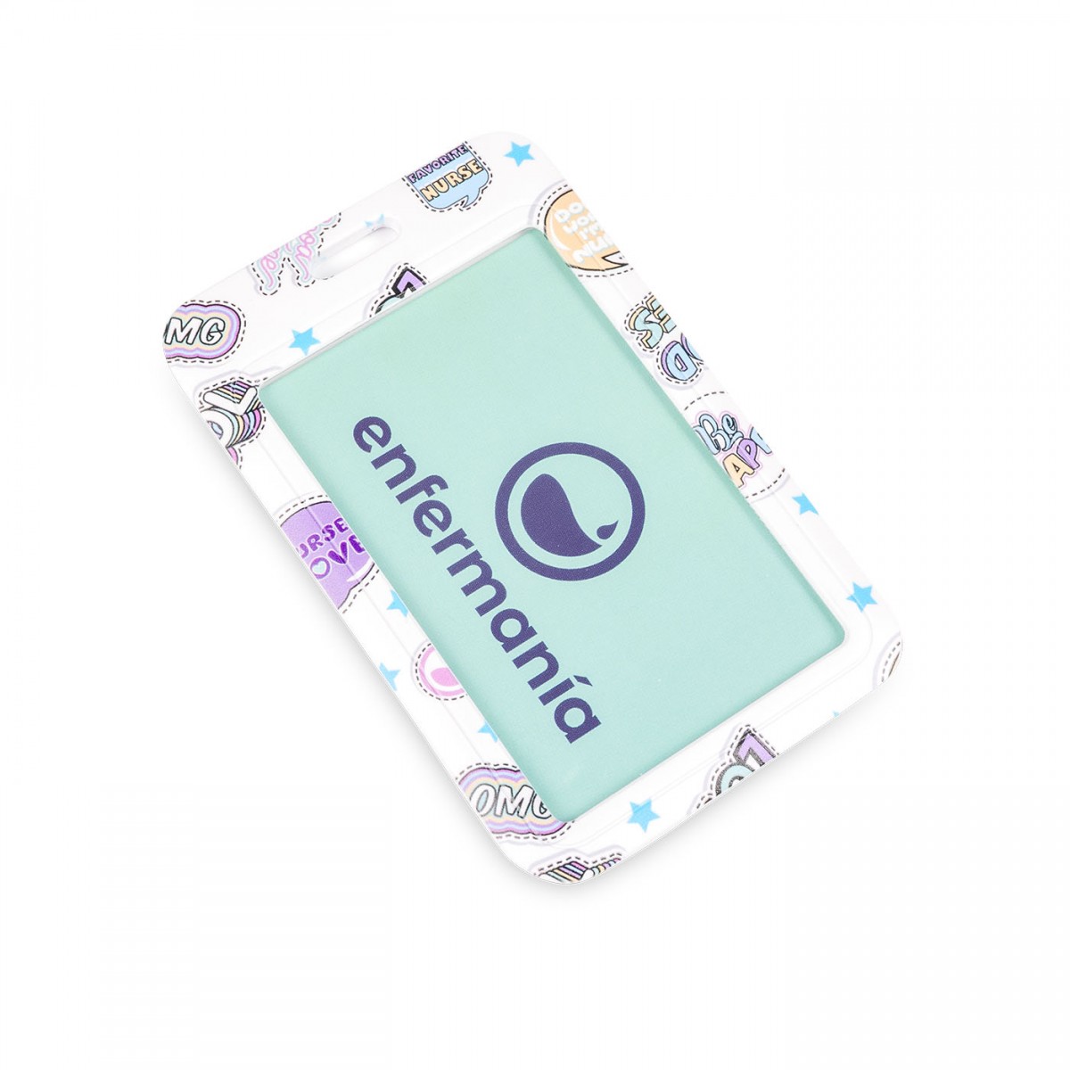 Mint green badge holder with playful designs, ideal for nurses and healthcare workers.