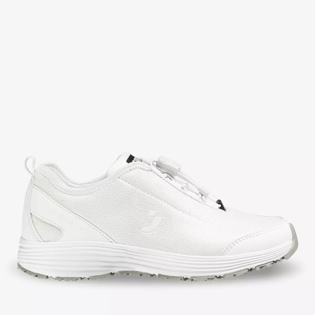 White slip-resistant shoes designed for healthcare workers, ideal for long shifts and comfort.