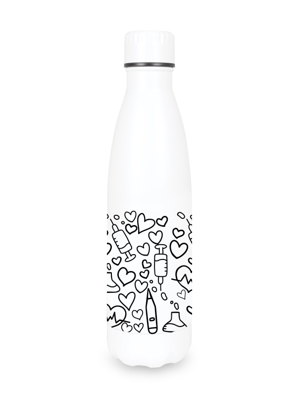 White reusable water bottle for healthcare workers featuring a black medical-themed pattern of hearts, syringes, and vital sign icons.