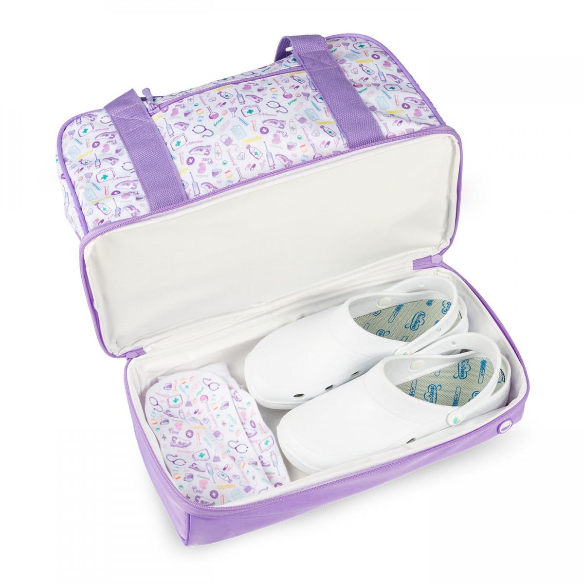 Open lavender nurse bag with medical print revealing white nursing shoes and a matching medical print scrub cap, perfect for healthcare professionals.