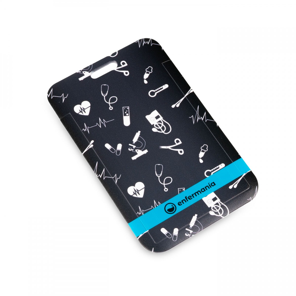 Black phone case featuring medical icons, ideal for healthcare workers, durable and stylish design.