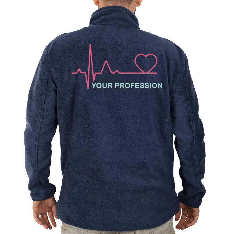 Navy blue fleece jacket for healthcare workers, featuring a pink heart and heartbeat graphic on the back. Comfortable and ideal for layering during long shifts.