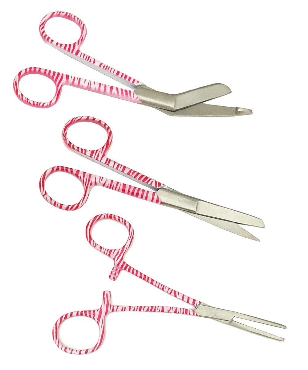 Set van drie roze gestreepte verbandscharen voor verpleegkundigen, met roestvrijstalen messen en ergonomisch ontwerp.