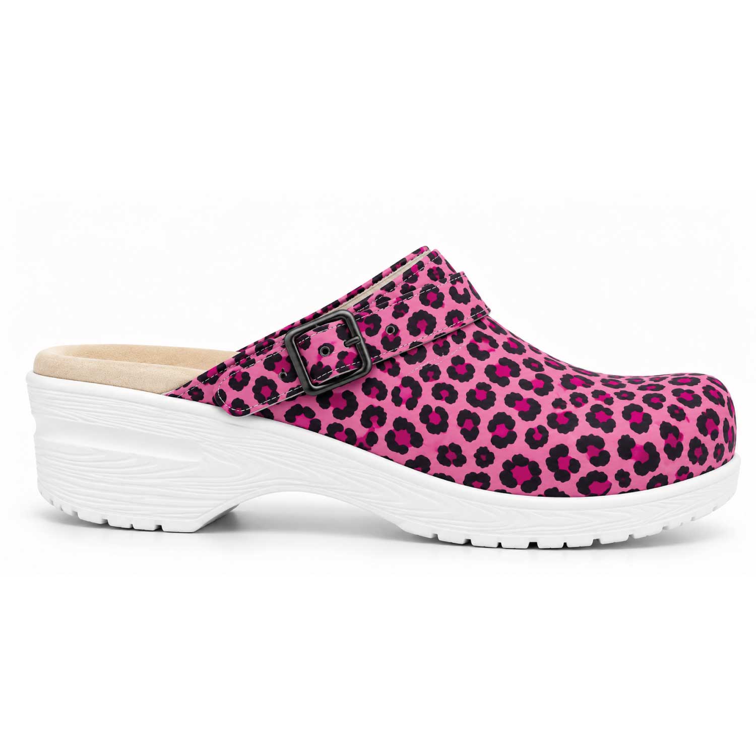 Pink and black leopard print nursing clogs with a white slip-resistant sole, designed for healthcare workers on long 12-hour shifts.