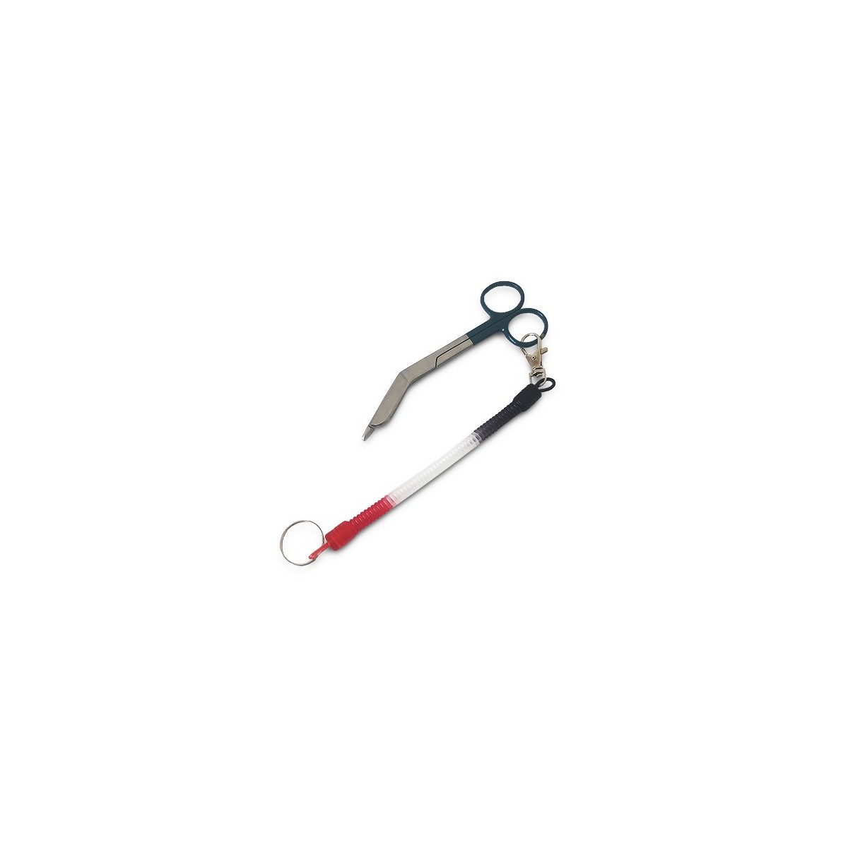 Blue handled bandage scissors with attached coiled lanyard for nurses and healthcare professionals. Stainless steel blades are angled for safe use on patients in clinics.