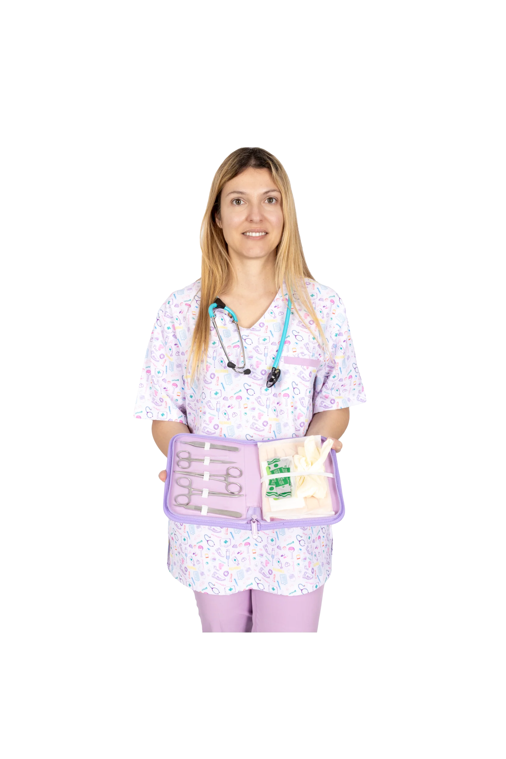 Una enfermera con una bata estampada sostiene un kit de herramientas médicas de color púrpura que contiene instrumentos de acero inoxidable, ideales para procedimientos clínicos.