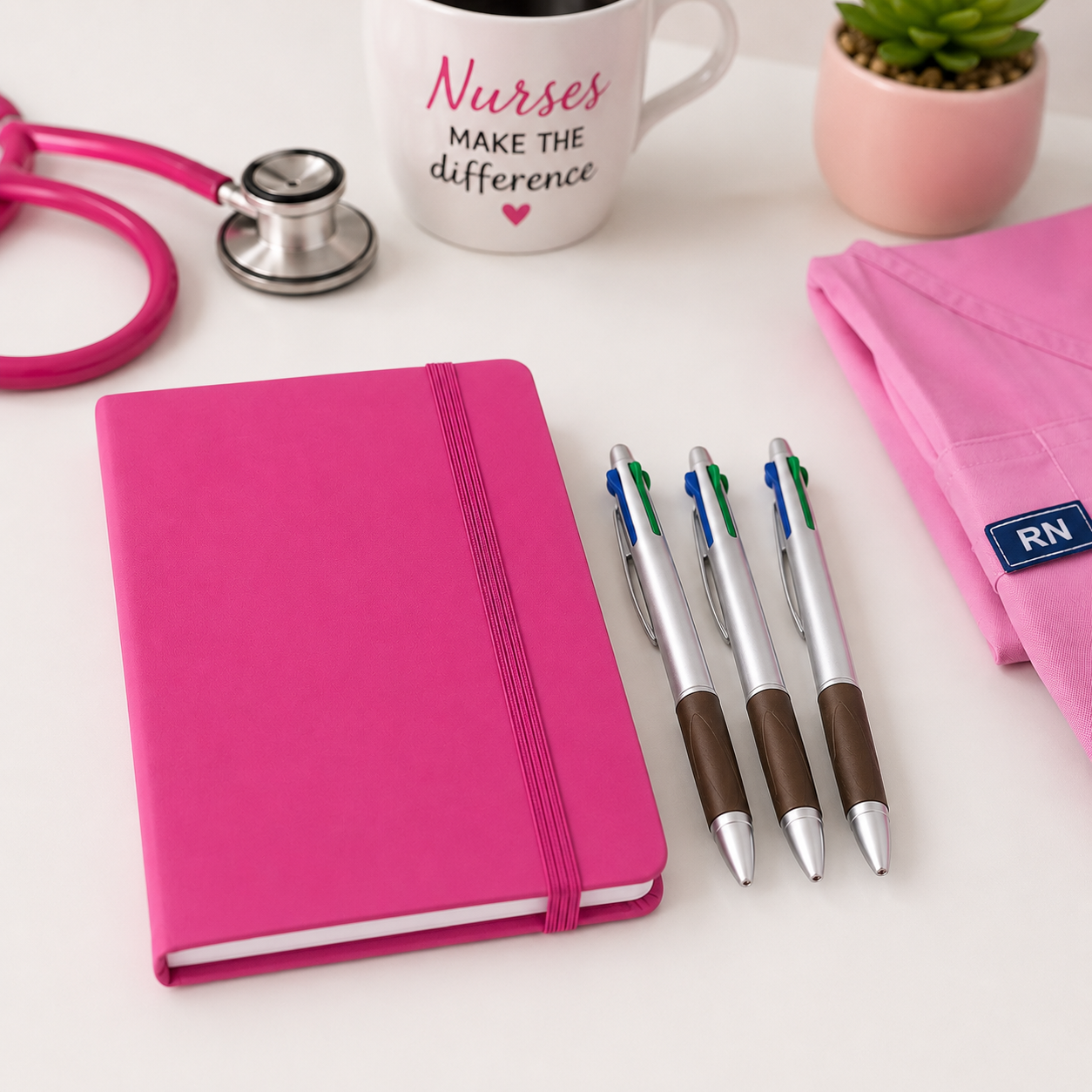 Rosafarbenes Notizbuch mit Gummiband und drei Stiften, ideal für Krankenschwestern, um während der Schichten Notizen zu machen.