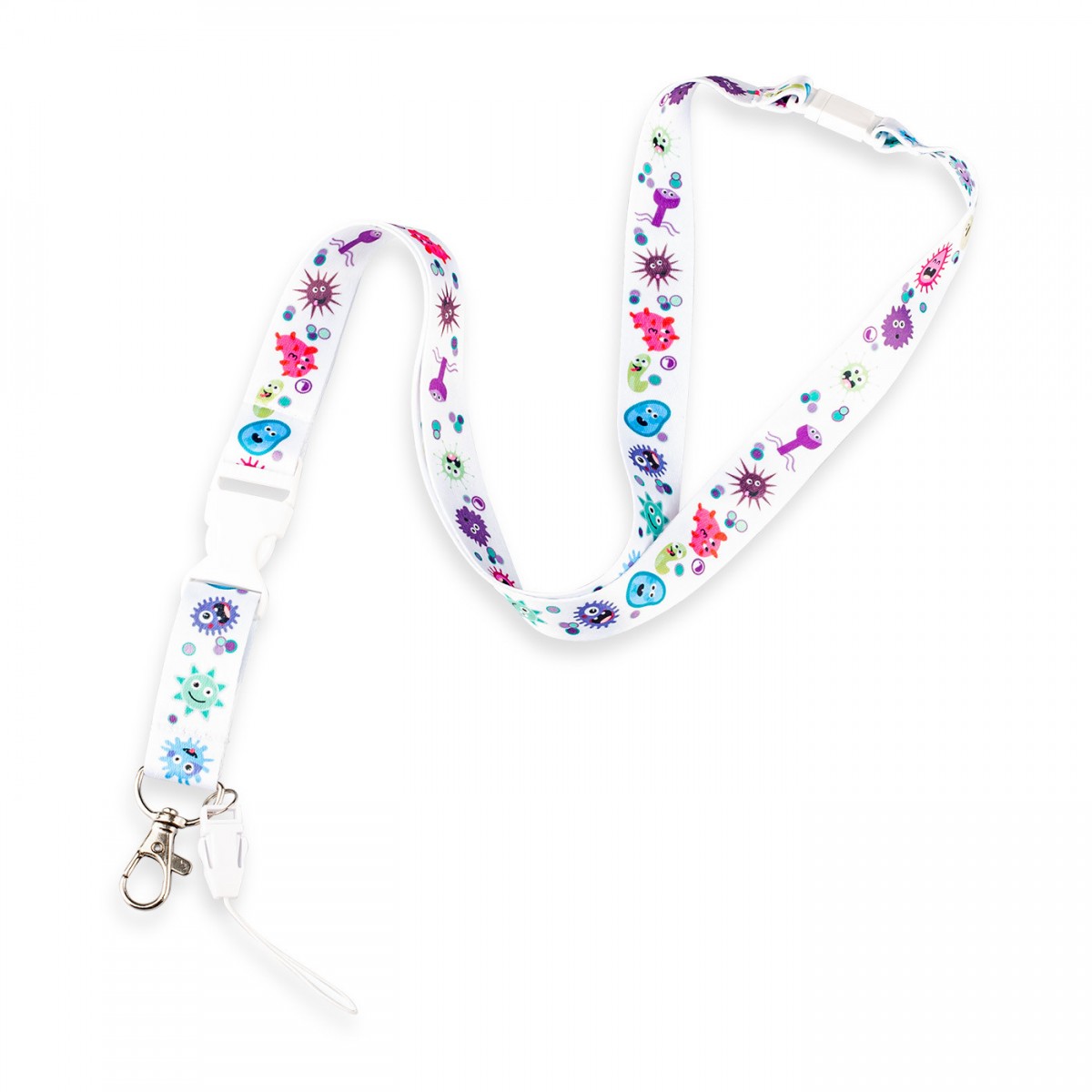 Colorful white lanyard with playful microbes design, ideal for nurses and healthcare workers.
