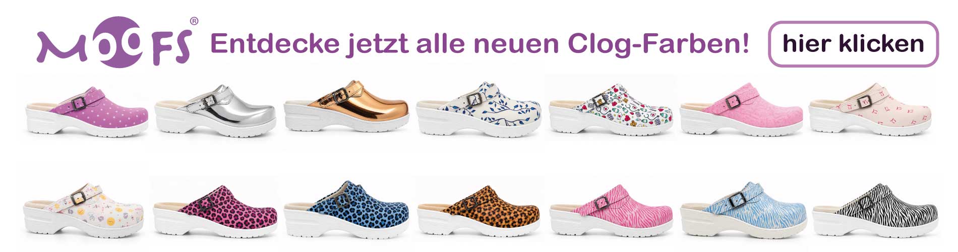 Eine Kollektion farbenfroher Stillclogs in verschiedenen Mustern und Ausführungen, konzipiert für medizinisches Personal, das bequeme, langlebige Schuhe benötigt.
