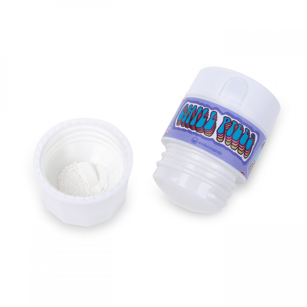 White refillable powder bottle designed for healthcare workers. The container has a fun, colorful label and provides a convenient way to store and access powder.