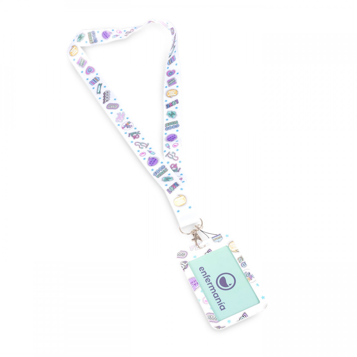 Colorful white lanyard with medical-themed designs, ideal for nurses to hold ID badges securely.