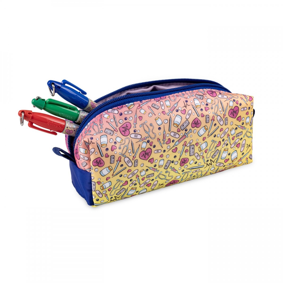 Colorful pencil case in pink and yellow, ideal for nurses to organize pens and medical tools.