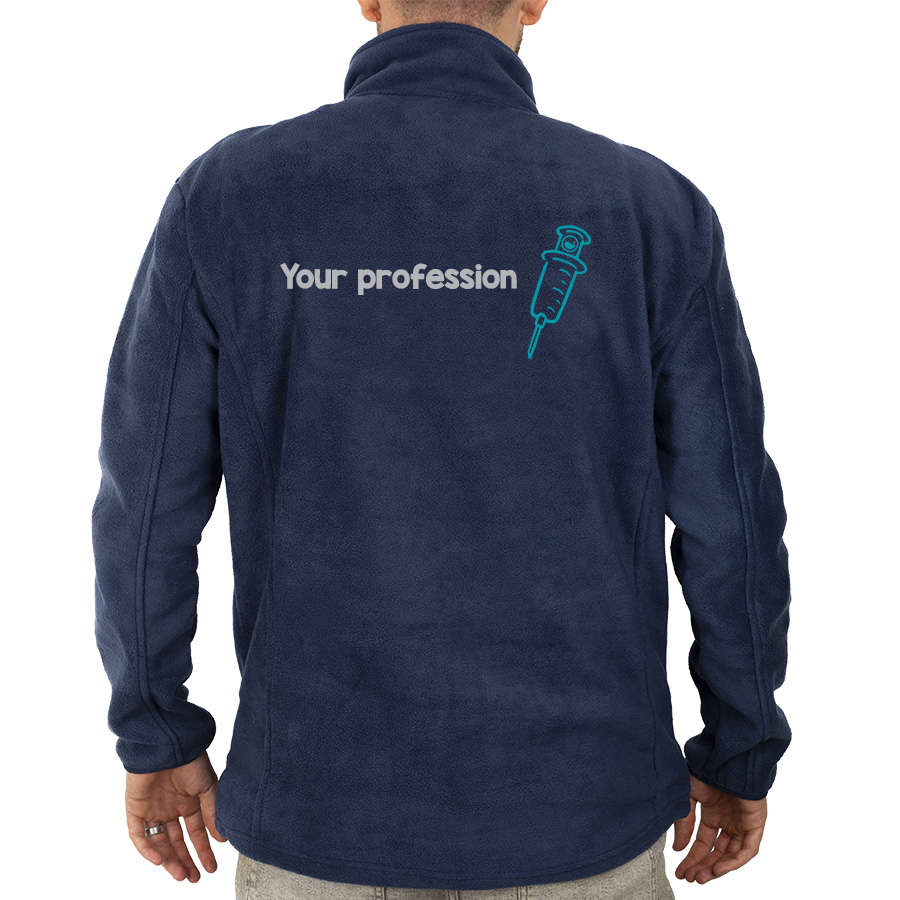 Navy blue fleece jacket for healthcare professionals featuring a 'Your profession' design with a syringe, offering warmth and comfort for long shifts.