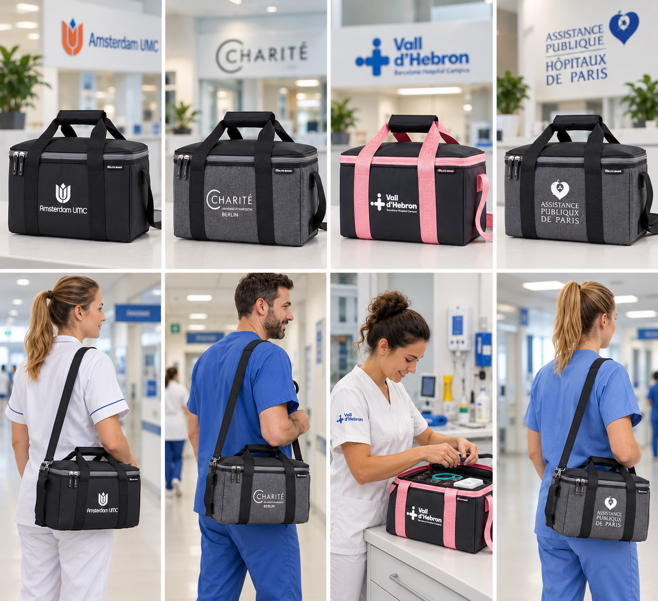 Durable medical equipment bag for healthcare professionals, available in black or grey, featuring ergonomic straps for easy transport.