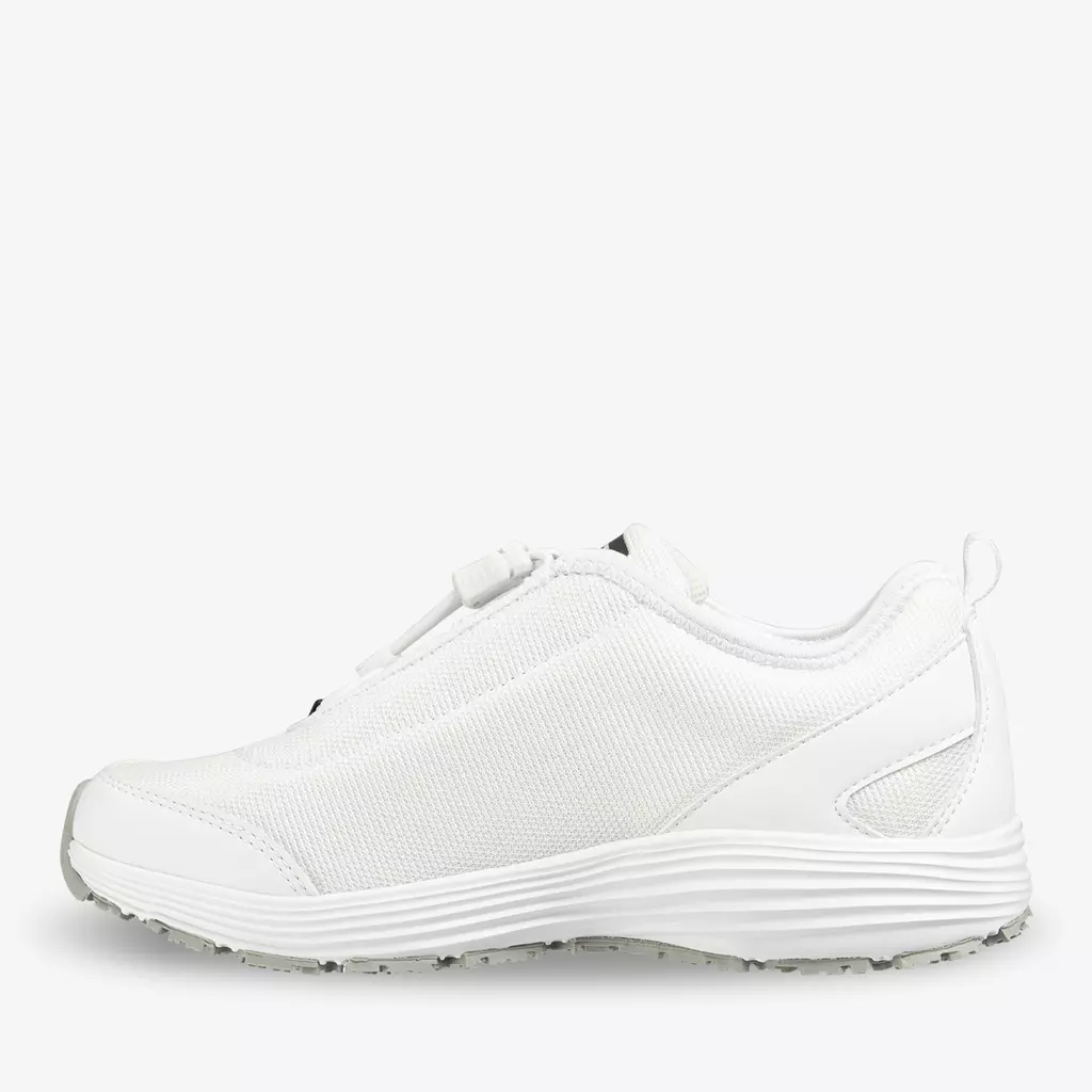 White slip-resistant shoes designed for nurses, featuring breathable material for comfort during long shifts.
