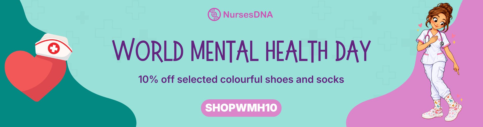 World Mental Health Day banner featuring a nurse in white scrubs with colourful socks and shoes, promoting comfortable healthcare footwear.