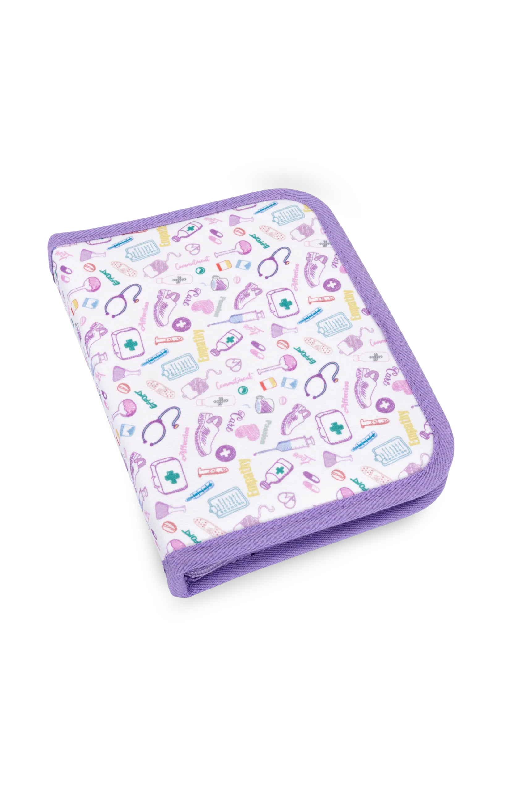 Un estuche organizador para enfermeras con cremallera, blanco y morado, con íconos médicos, perfecto para que los trabajadores de la salud guarden herramientas esenciales de forma segura.