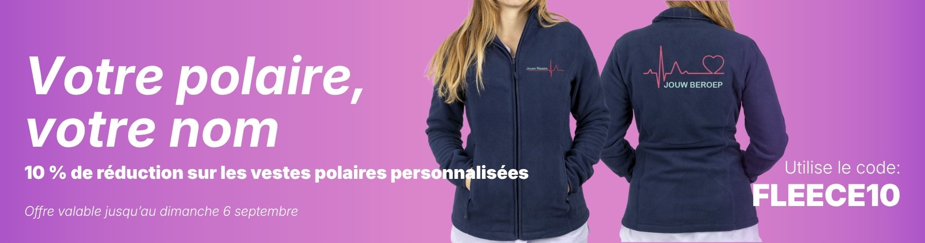 Une veste polaire bleu marine pour les professionnels de la santé avec un motif personnalisable en forme de cœur et de battements de cœur au dos pour un usage professionnel.
