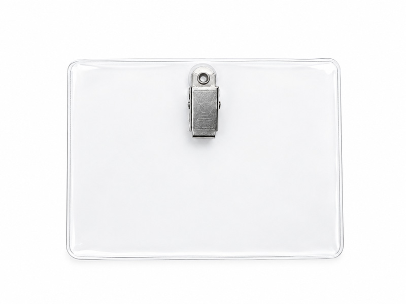 Clear plastic ID badge holder with a metal clip for healthcare workers to securely display identification cards in a clinical environment.