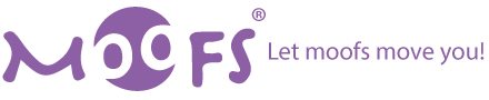 Das violette Moofs-Markenlogo mit stilisiertem Text und einem kreisförmigen Symbol symbolisiert Berufsschuhe für medizinisches Personal.