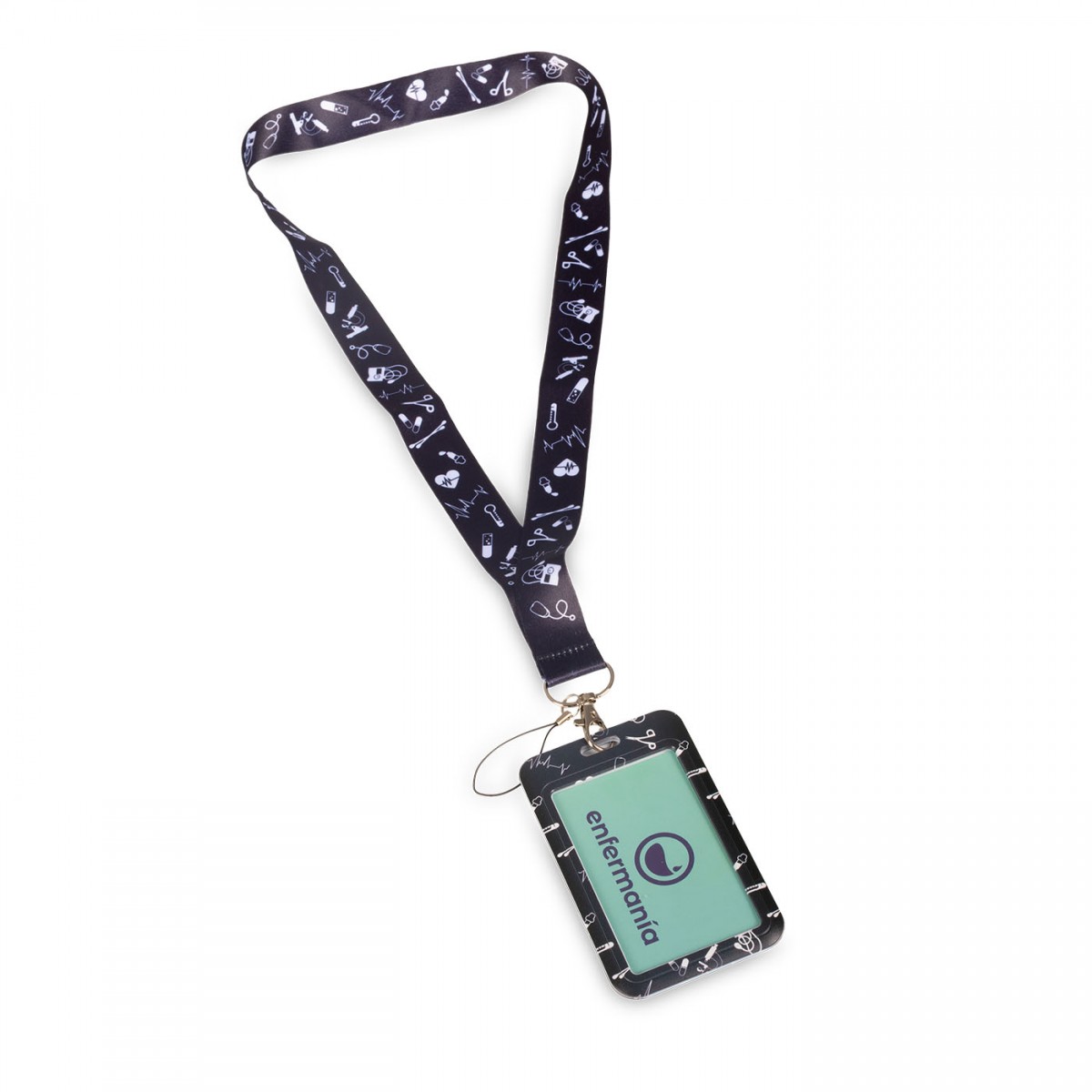 Black lanyard with medical-themed designs, ideal for nurses to hold ID badges securely.