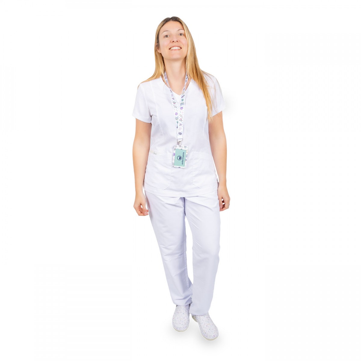 White medical scrubs for healthcare workers, featuring a comfortable fit ideal for long shifts.
