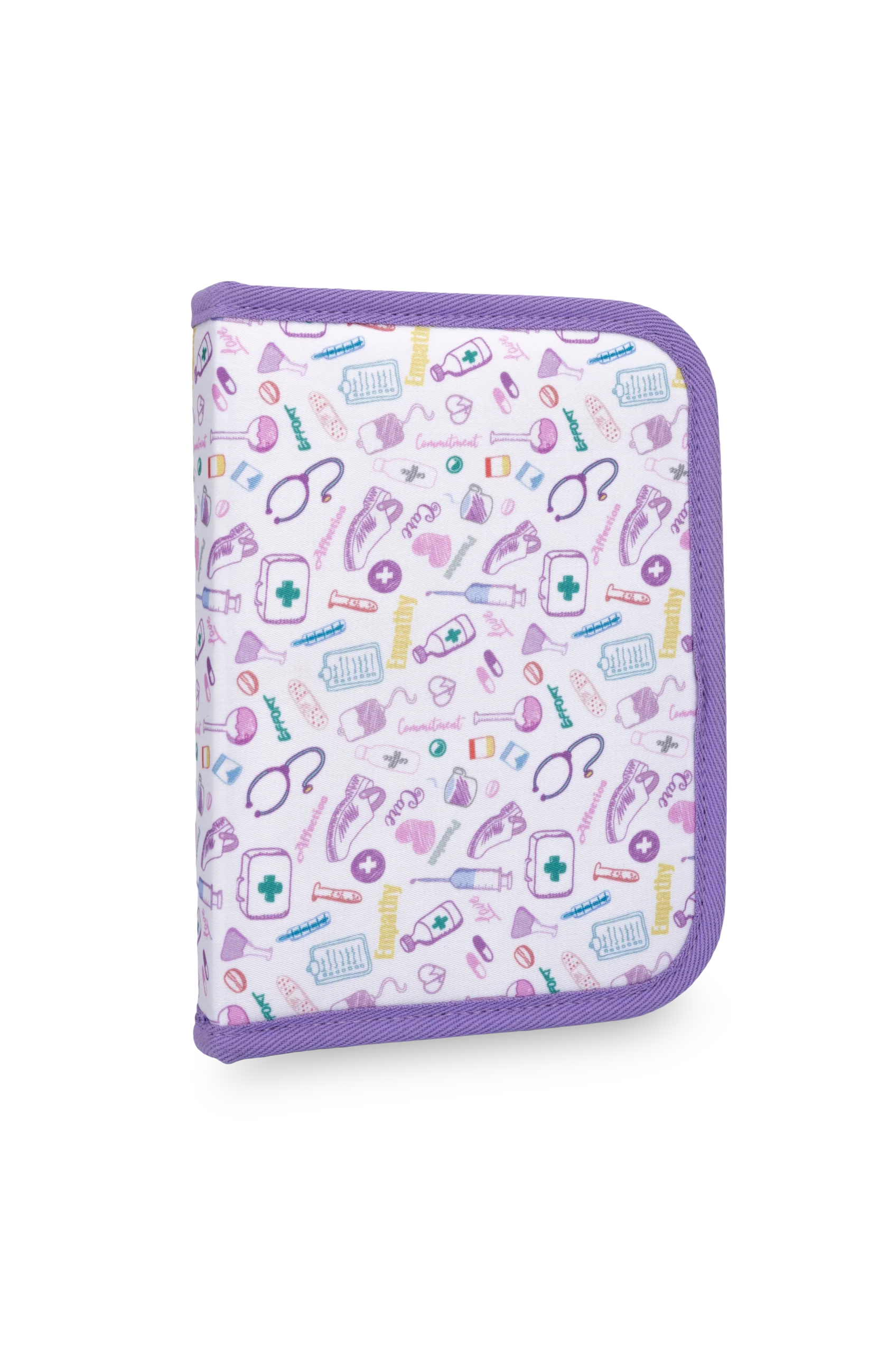 Bolsa organizadora blanca y morada para enfermeras con un colorido patrón médico, ideal para mantener organizados los instrumentos y suministros clínicos.