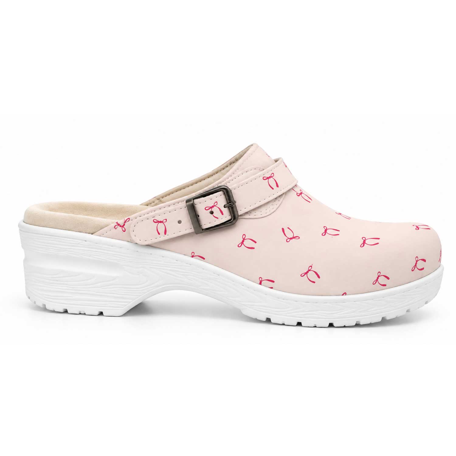 Light pink nursing clogs with a bow pattern, featuring a secure buckle strap and slip-resistant sole for comfort during long shifts.