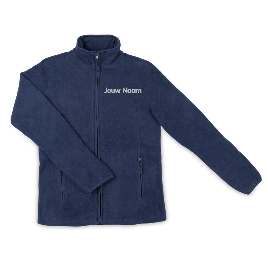 Marineblauw fleecejack voor verpleegsters. Kenmerken omvatten een volledige ritssluiting, hoge kraag en zakken. Ideaal voor gezondheidswerkers die een warme laag nodig hebben., Kleding, Fleece, Lange mouwen, Jas