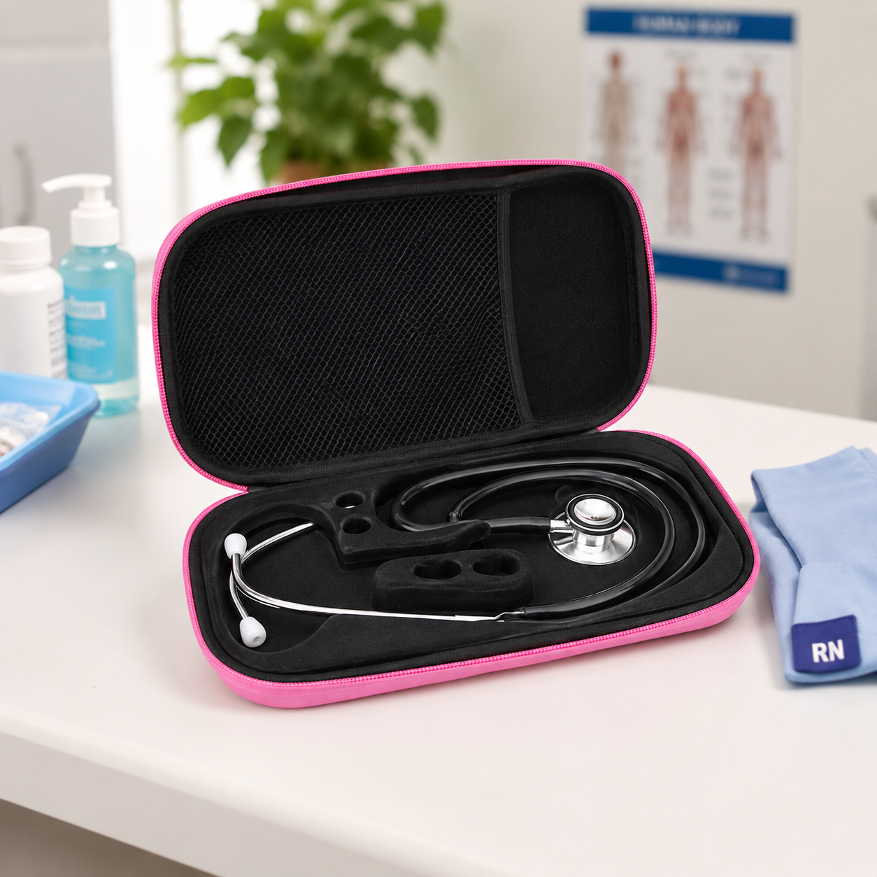 Rosa Stethoskop-Etui mit Stethoskop, ideal für Krankenschwestern und medizinisches Personal, bietet Schutz und Organisation.