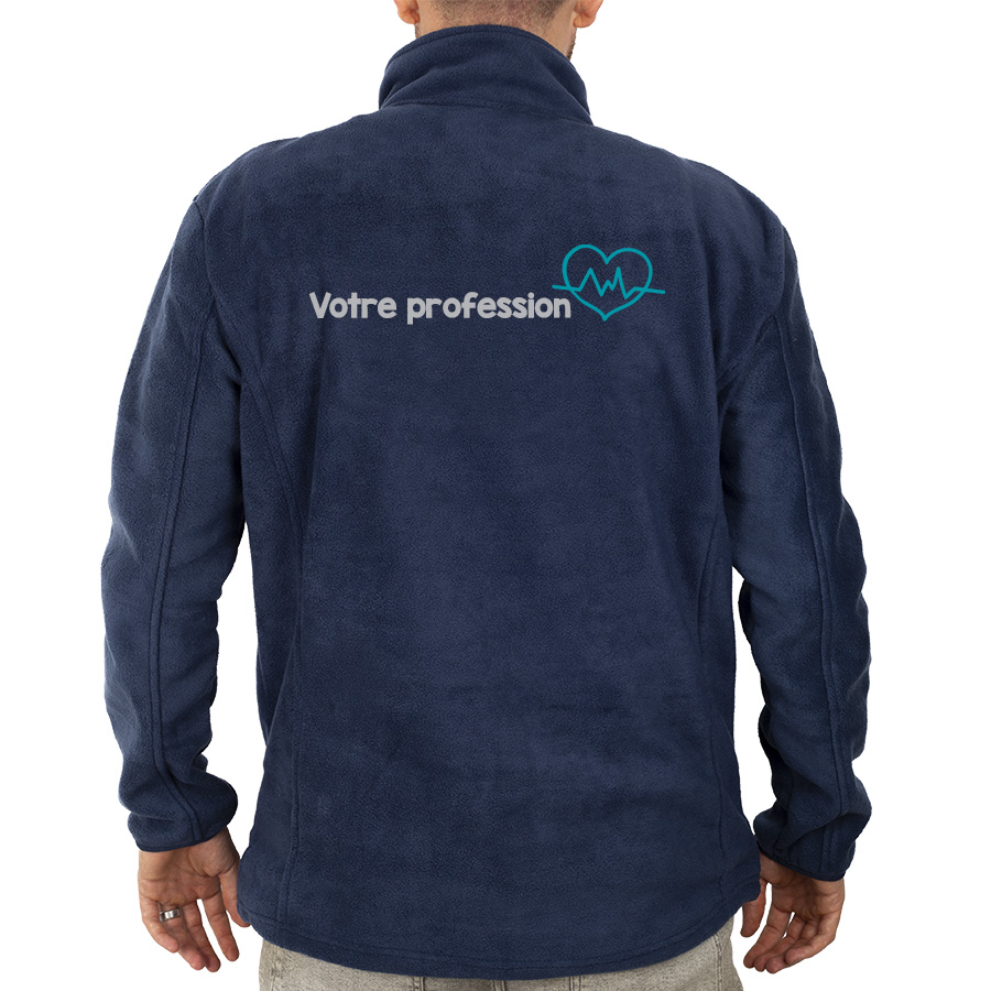 Veste polaire bleu foncé pour professionnels de santé avec inscription « Votre profession » et graphique de fréquence cardiaque, conçue pour apporter confort et chaleur lors de longues journées de travail.