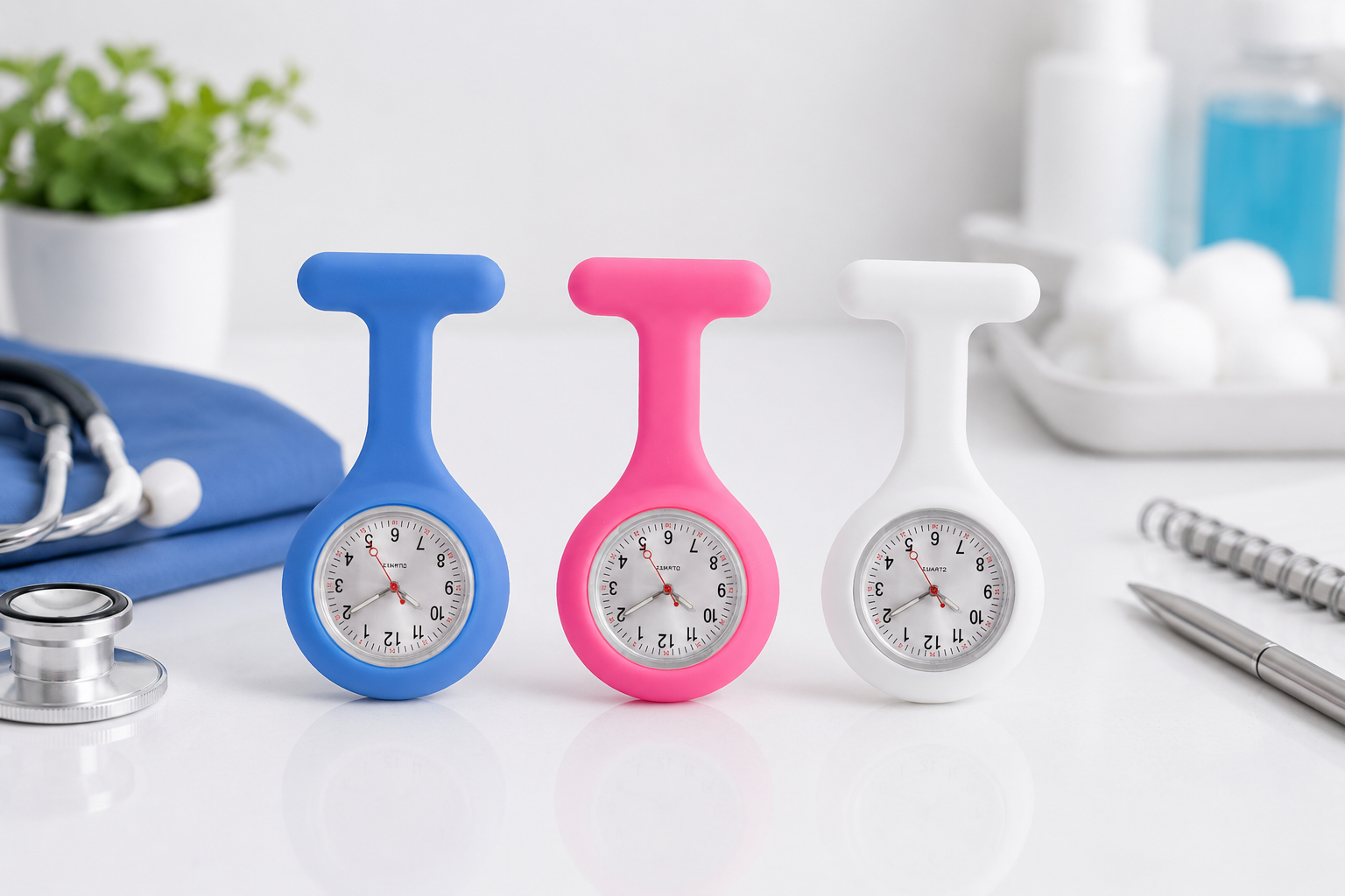 Farbenfrohe Silikon-Armbanduhren in Blau, Rosa und Weiß für Krankenschwestern mit gut ablesbaren Zifferblättern.