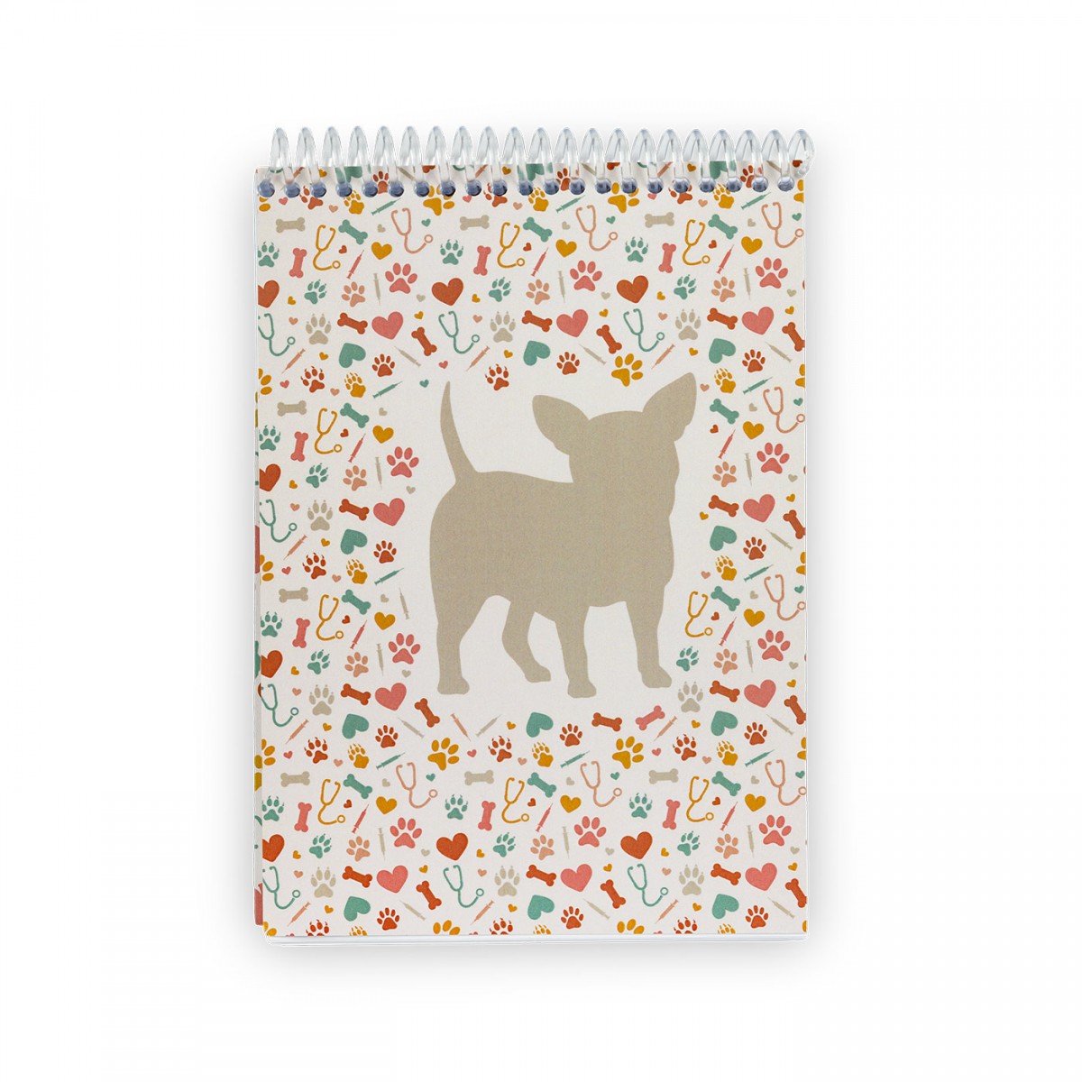 Spiral notebook featuring a beige dog silhouette and colorful pet-themed patterns, ideal for healthcare professionals.