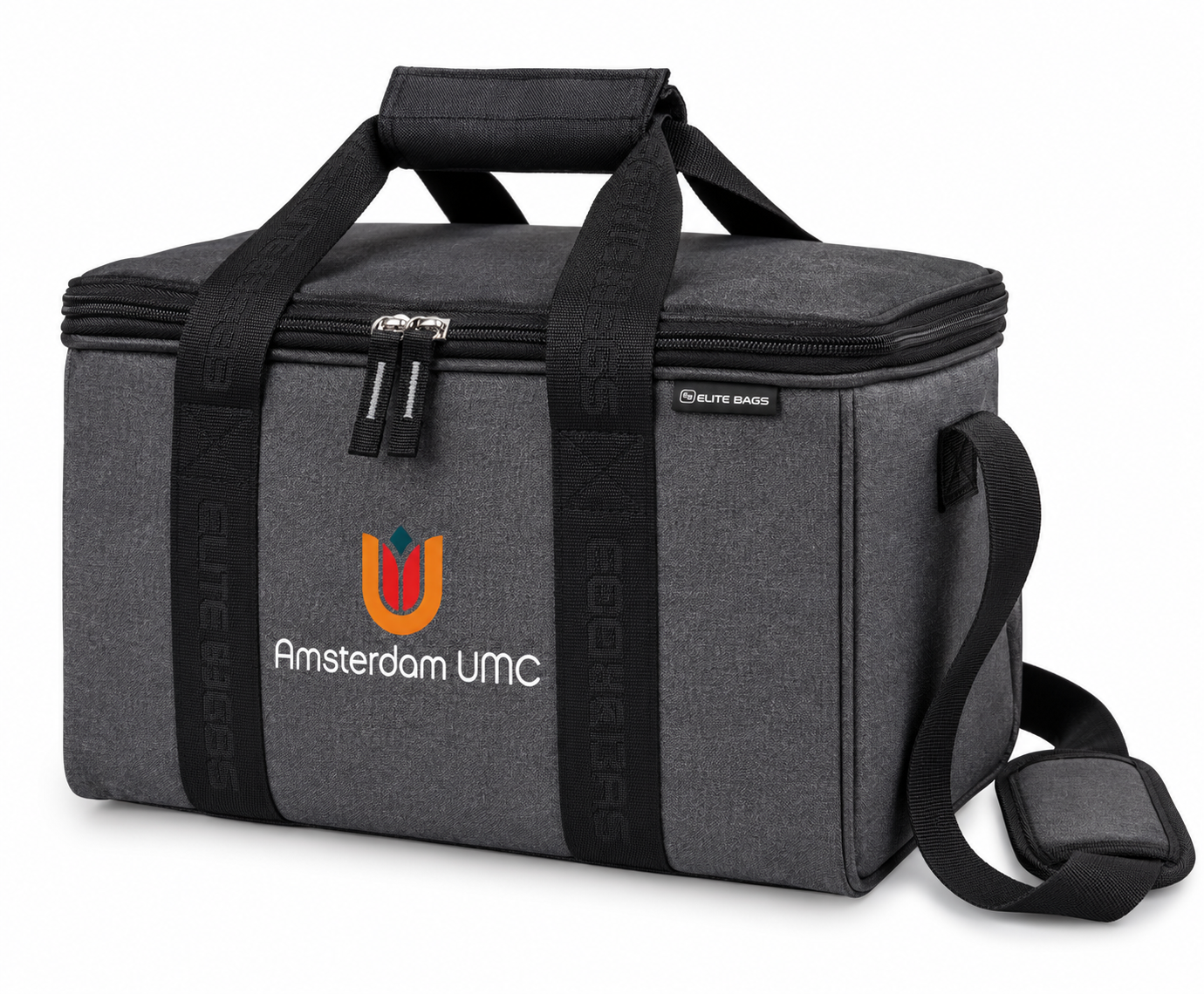 A grey medical equipment bag for healthcare professionals featuring durable handles and a shoulder strap for easy transport of supplies.