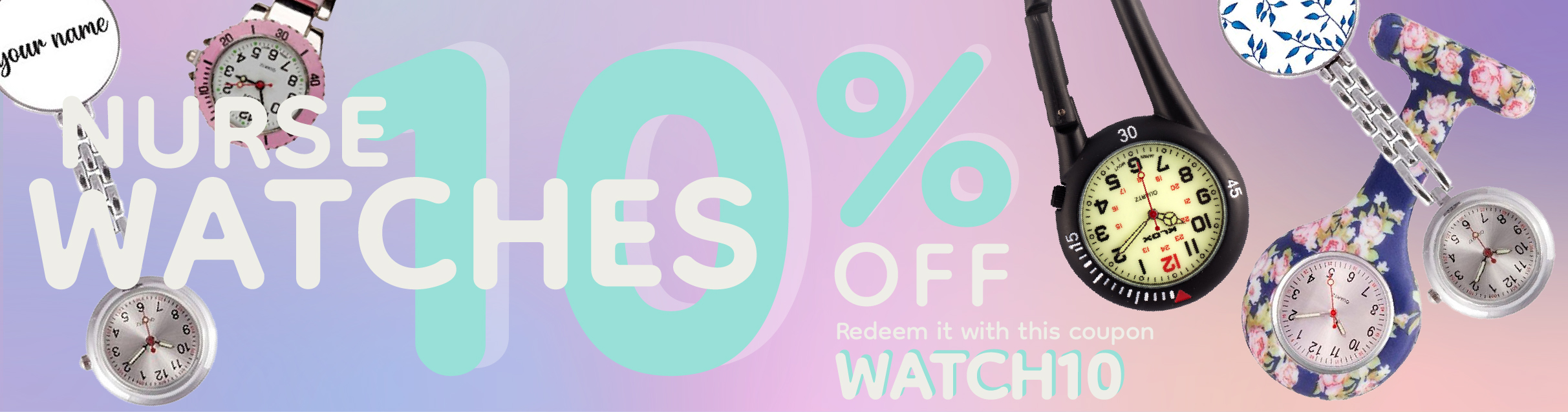 Assorted colorful nurse watches ideal for healthcare professionals, featuring various designs and easy-read dials.