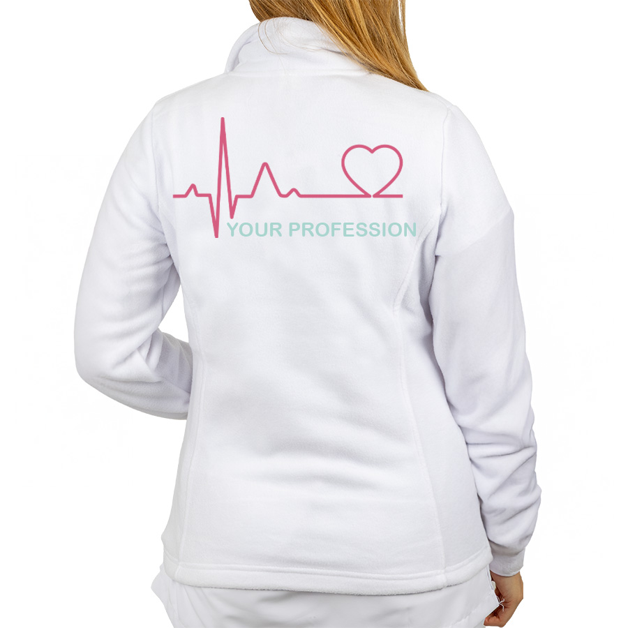 White fleece jacket for healthcare workers featuring a pink heartbeat and heart design on the back, ideal for warmth during long shifts.