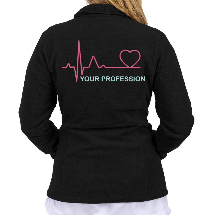 Black fleece jacket with heartbeat and heart design, ideal for healthcare professionals.
