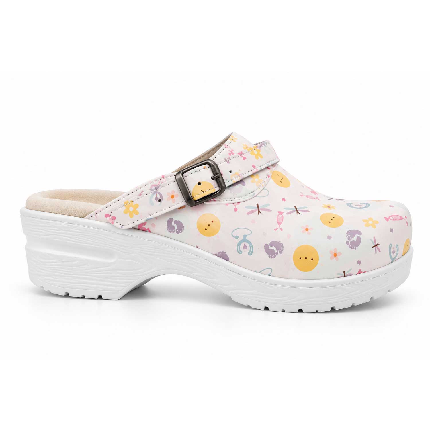 White nursing clogs with a colorful pediatric pattern, featuring a secure buckle strap and slip-resistant sole for long hospital shifts.