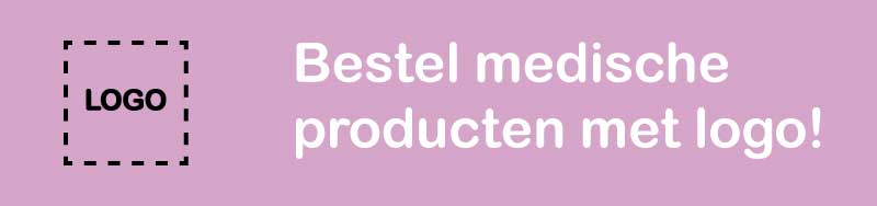 Lichtpaarse banner voor zorgprofessionals die op maat gemaakte medische producten met bedrijfslogo aanbieden voor klinieken en medische praktijken.