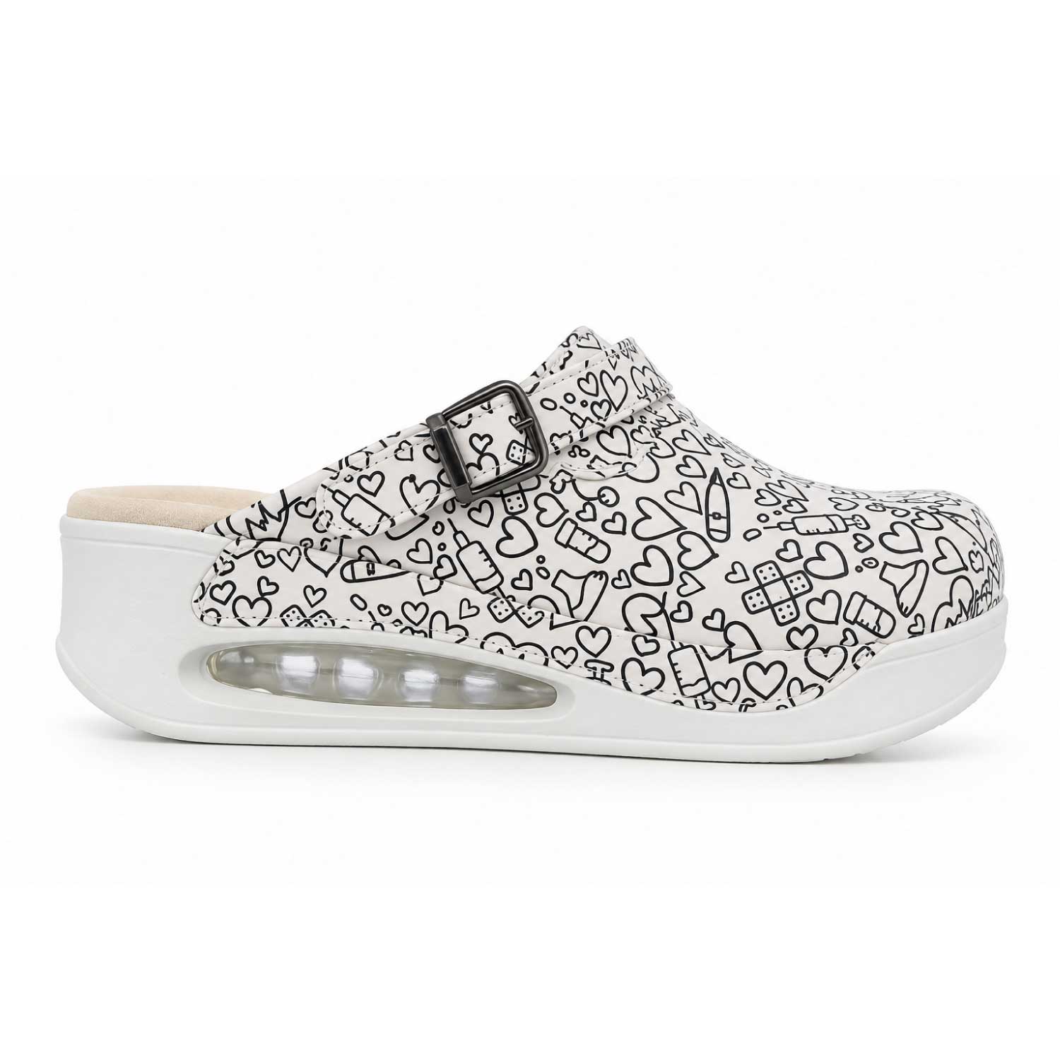 White nursing clogs with a black medical print, featuring a cushioned air sole for comfort during long shifts in clinical environments.